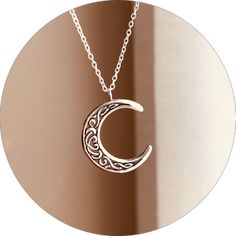 Elegant Silver Necklace With Sun And Moon Design, Silver Jewelry With Sun And Moon Design, Silver Half Moon Necklace With Sun And Moon Design, Silver Crescent Necklace With Sun And Moon Design, Sterling Silver Necklace With Sun And Moon Design, Sterling Silver Sun And Moon Necklace, Silver Half Moon Jewelry Engraved, Sterling Silver Sun And Moon Half Moon Necklace, Crescent Silver Jewelry With Sun And Moon Design