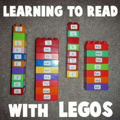 three legos with words written on them and the text learning to read with legos