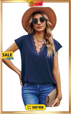 Blue V Neck Lace Trim T-shirt Blue V-neck T-shirt For Summer, Blue V, Neck Lace, Lace Trim, On Sale, Trim, V Neck, Lace, Free Shipping