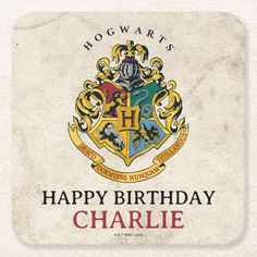 a harry potter birthday coaster with the hogwarts crest