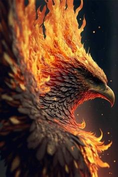 an eagle with orange and red flames on it's wings