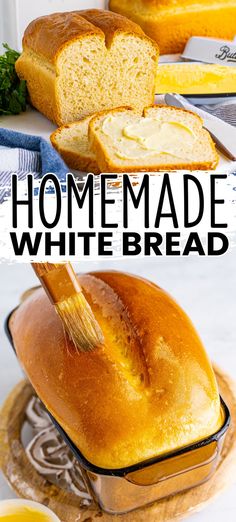 homemade white bread on a plate with butter in the middle and sliced loaf next to it