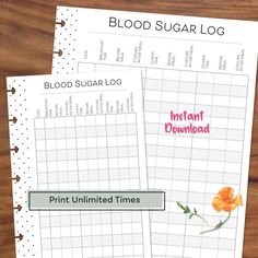 two printable blood sugar log pages with flowers on them and the words instant time