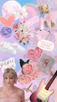 a collage of photos with pink flowers, hearts, and other things in the air