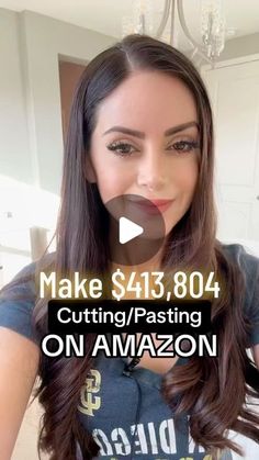 a woman with long brown hair is smiling for the camera and has an ad on her face