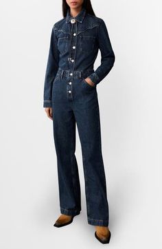 Do denim day with one-and-done ease in this all-cotton jumpsuit stitched with Western detailing to define the yoke. Front button closure Spread collar Long sleeves Chest patch pockets; front slant pockets 100% cotton Machine wash, line dry Imported Long Sleeve Denim Jumpsuit, Coverall Jumpsuit, Denim Day, Cotton Jumpsuit, Denim Jumpsuit, Jumpsuits For Women, Jumpsuit Romper, Mango, Jumpsuit