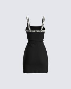 Show them how it's really done in this black mini dress 😌 Crafted from Ponte fabric, complete with a bodycon fit, pearl trim, and center back invisible zipper - no one will be able to compete with you 🖤 Elegant Black Mini Dress, Fitted Sleeveless Gucci Mini Dress, Black And White Mini Dress, Black Dress With Pearls, Black Graduation Dress, Hoco Inspo, White Corset Dress, Rhinestone Mini Dresses, Black Dresses Classy