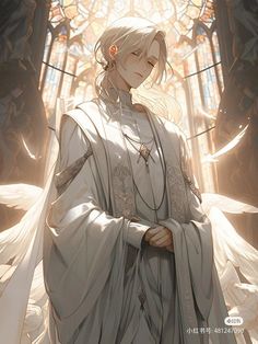 an anime character standing in front of a stained glass window with angel wings around his neck