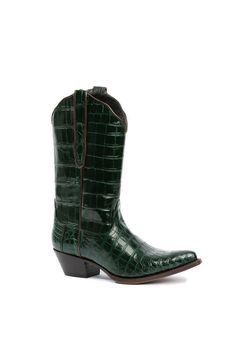 Elevate your footwear game with the exquisite Drinking Horse Green Crocodile Western Cowboy and Cowgirl Boots. Crafted from luxurious green crocodile leather, each pair of boots is a unique pattern created by different sections of the crocodile for an unparalleled look.Handmade with a durable Goodyear welt sole, these boots are not only stylish but also built to last. Whether you're heading to the office or spending a day shopping in the city, these boots will turn heads wherever you go.Embrace Horse Custom, Crocodile Boots, Modern Cowboy, Green Crocodile, Handmade Boot, Elegant Pattern, Cowboy Cowgirl, Crocodile Leather, Cowboy And Cowgirl