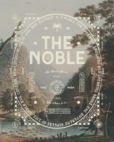 an advertisement for the noble on display in front of a mountain scene with people and animals