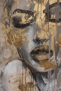 an abstract painting of a woman's face with gold and silver paint splattered on it