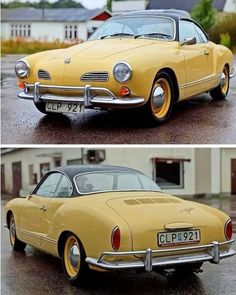 two pictures of an old yellow car in the rain