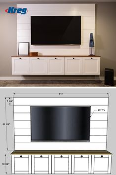 the tv is mounted on the wall above the cabinets and below it are measurements for each cabinet