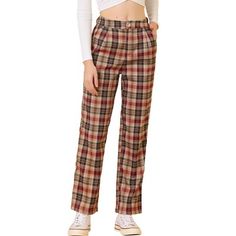 These trousers are essential for dressing up or down. Lightweight fabric, covered in a plaid pattern, shapes these trendy trousers with a high-rise fit. How it is a bit high waist and how it gathers at the waist adding shape to the body. You may love everything about these trousers, from their regular fit to the elastic high-waist, which could double as a hiding mechanism for women with love-handles. Style these trousers with a crop top and heels for the ultimate look. Occasion: Shopping, Social Casual Plaid Pants For Fall, Casual Full-length Plaid Pants, Plaid Straight Leg Pants For Fall, Casual Plaid Bottoms For Fall, Plaid Long Pants For Fall, Plaid Full Length Pants For Fall, Relaxed Fit Plaid Pants For Fall, Plaid Full-length Pants For Fall, Trendy Plaid Bottoms For Winter