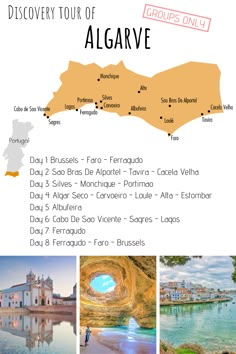 a poster with pictures of different places in the country and text that reads discovery tour of algarve