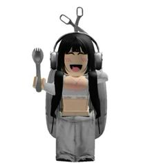 a woman with headphones holding a fork and knife