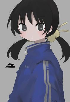 an anime character with long black hair wearing a blue jacket