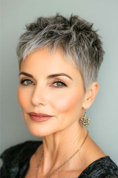 Textured Tapered Pixie Hairstyle on a woman in her 50s with gray hair. Texture Pixie Haircut, Pixie Grey Haircut, Short Gray Pixie Haircuts Over 50, Women Very Short Hair, Short Hairstyle Women Older, Faded Undercut Women, Short Pixie Haircuts Over 50, Grey Pixie Haircut Older Women, Short Pixie Cuts For Older Women