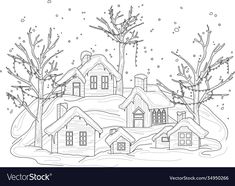 a winter scene with houses and trees in the snow coloring book page for adults and children