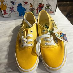 Size 3.5 Vans Sesame Street, Brand New Casual Slip-on Sneakers For Daycare, Fun Vans Sneakers For Streetwear, Vans Sneakers For Streetwear, Playful Yellow Sneakers For Playtime, Cute Vans Slip-on Sneakers, Yellow Low-top Sneakers For Playtime, Fun Non-slip Sneakers For School, Casual Canvas Shoes With Round Toe For Playtime, Fun Vans Sneakers With Round Toe