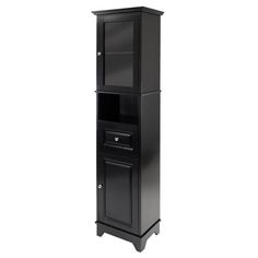 a tall black cabinet with glass doors on the top and bottom shelf, in front of a white background