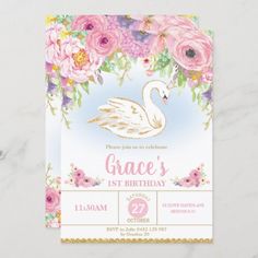 a baby shower with pink flowers and a swan on it