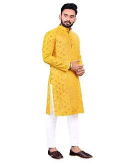 "WELCOME TO my shop Abbasfashion Man kurta pajama set Kurta Pajama for Man Give yourself a best ethnic look by wearing this Top and bottom Set. Made of rich cotton silk blend fabric this regular-fit set comprises a full-sleeved Indian kurta pajama This outfit with mojris will look apart on special occasions. material l :100% silk Color : show the pichar Length : 40 inch Shirt Chest is measurement for shirt (not body) As per standard, for best loose fitting 6 inches gap should be there between ac Yellow Kurta Pajama Men For Haldi, Kurta Pajama Men Yellow Colour, Yellow Kurta Pajama Men, Yellow Kurta Men For Haldi, Yellow Kurta Men, Haldi Boy, Haldi Ceremony Outfit For Men, Haldi Groom, Blazer For Men Wedding