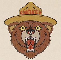 a bear wearing a hat with the word smokey on it's face and mouth