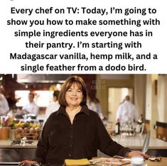 a woman sitting at a table with a laptop in front of her and the caption reads, every chef on tv i'm'm going to show you how to make something with simple ingredients everyone