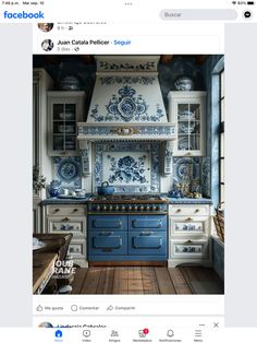 a facebook page with an image of a blue and white kitchen