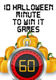 an alarm clock surrounded by pumpkins with the words halloween minute to win it games