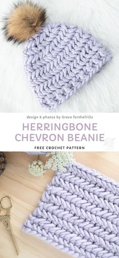 a crocheted beanie with a pom - pom on top and the text, herringbone chevron beanie free crochet pattern