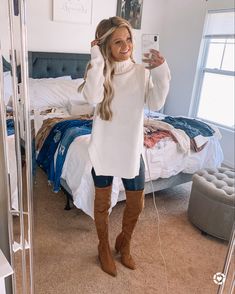 Grey Boots Outfit Winter, Sweater Dress Over The Knee Boots, Sweaters And Boots Outfit, Long Sweater With Leggings, Knee High Tan Boots Outfit, Knee High Boots With Leggings, Oversized White Sweater Outfit, Tan Thigh High Boots Outfit, Leggings Oversized Sweater