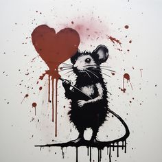 a painting of a rat with a heart on it's back and dripping paint