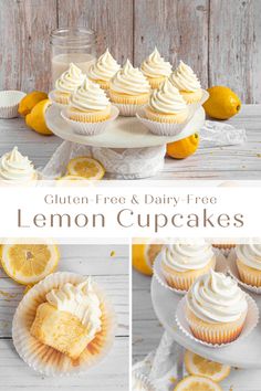 lemon cupcakes with white frosting and fresh lemon slices on the side, surrounded by sliced lemons