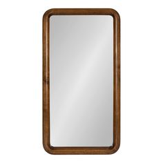 a wooden framed mirror on a white background