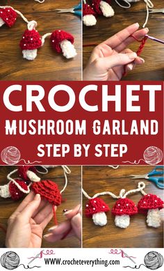 crochet mushroom garland with instructions to make it