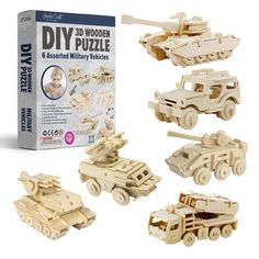 DIY 6-Count 3D military vehicle bundle pack includes a tank, armored vehicle, anti-aircraft missile, rocket launcher, missile truck, and SUV. Each puzzle has easy-to-punch-out parts from sheets of high-quality plywood. Our plywood is safe, non-toxic, and environmentally friendly. Puzzle pieces have a smooth finish and no jagged edges. Punching out the pieces is fun! The bundle comes with easy-to-follow step-by-step assembly instructions. No tools or glue are required. DIY 3D wood puzzles are fun Lego 3d, 3d Wood Puzzles, Diy Puzzles, Hobby Gifts, Model Building Kits, Wooden Car, Modelos 3d, Wooden Train, Wood Puzzles