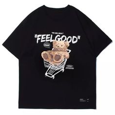 “FEEL GOOD” Bear T-Shirt Little Bear Cartoon, Hip Hop Street Style, Harajuku Streetwear, Streetwear Tops, Casual Summer Tops, Bear T Shirt, Loose Shorts, Style Streetwear, Streetwear Women