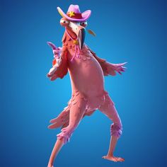 a pink bird with a hat on its head is standing in front of a blue background