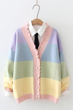 New Rainbow Stripe Wavy Fungus Lace V-neck Sweater sold by Harajuku fashion on Storenvy Rainbow Cardigan, Rainbow Sweater, Sweater Coat, Kawaii Clothes, Striped Cardigan, Harajuku Fashion, Dream Clothes, Rainbow Stripes, Knit Sweater Cardigan