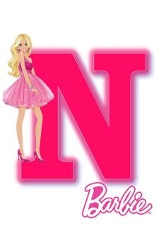 the barbie doll is standing in front of the letter n