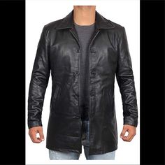 Very High Quality Natural Leather. New With Tags Large Armpit 23 Lenght 32 Black Leather Jacket With Snap Buttons, Casual Black Leather Jacket With Lapel Collar, Casual Leather Jacket With Button Closure For Business, Black Business Outerwear With Snap Buttons, Fitted Black Leather Jacket With Buttons, Casual Black Single-breasted Leather Jacket, Black Casual Leather Jacket With Snap Buttons, Black Button-up Leather Jacket For Streetwear, Casual Black Leather Jacket With Snap Buttons