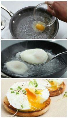 eggs are being cooked in a frying pan and then fried on an english muffin