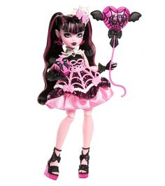 a doll is holding a balloon and wearing a pink dress with black accents on it