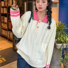 Off White Sweater With Pink And Green (Aka Colors) Trim Cozy Texture New Never Worn. Fits Size 10-12. Casual White Collared Sweater, Preppy Pink Tops For Fall, Cozy Texture, Beauty Expert, White Sweater, Fall Outfits Women, Contrast Trim, Pattern Blocks, White Sweaters