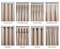 how to choose the right curtain type for your window or door, including rod - end and pinch pleat panels