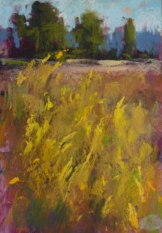 an oil painting of yellow flowers in a field