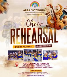 the poster for choir rehearal is shown with music instruments and microphones on it