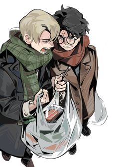 two people are looking at something in a bag